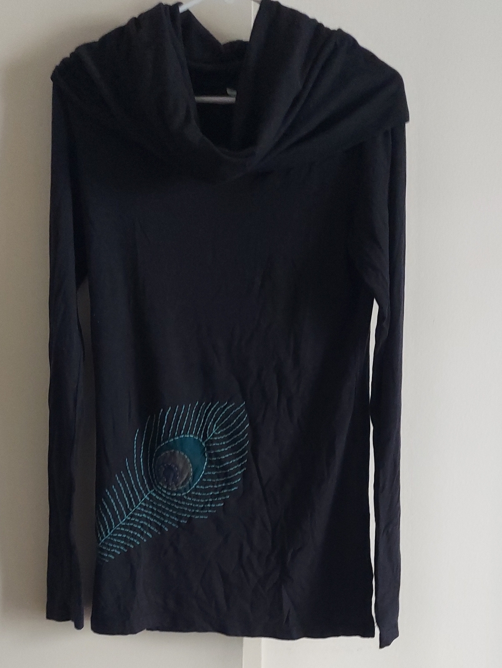 Synergy Organic Cotton Clothing Black Longline Cowl Neck Top with Peacock Accent